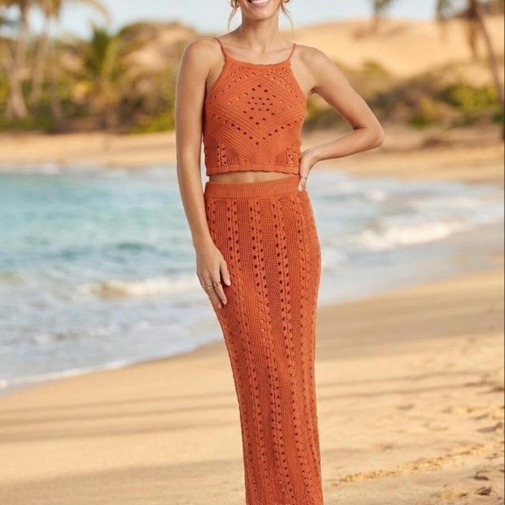 Olive + Oak Crochet orange Maxi Skirt set outfit sz med
